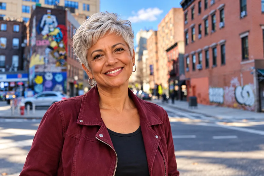 Smiling American woman over 50 on a sunny street in the East Village, Manhattan, New York City